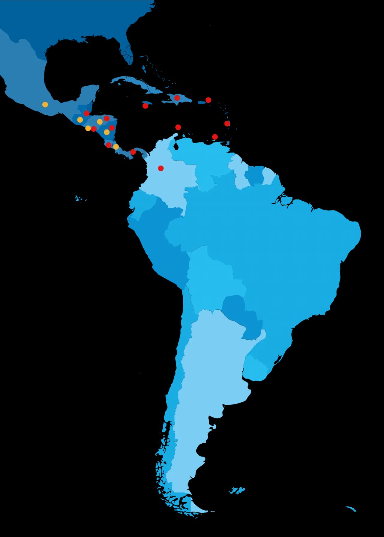 Map of the Americas showing markets served from Miami