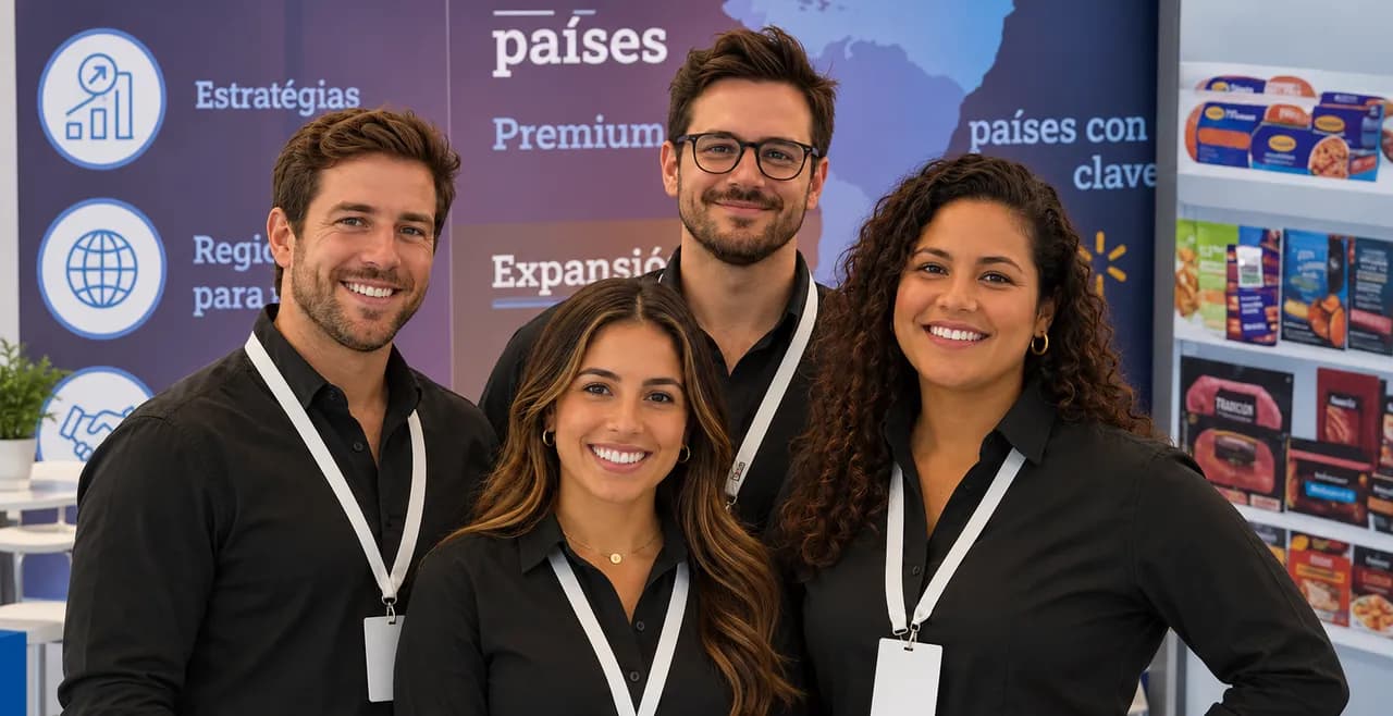 Four members of the American Foods team smiling at our trade-show booth