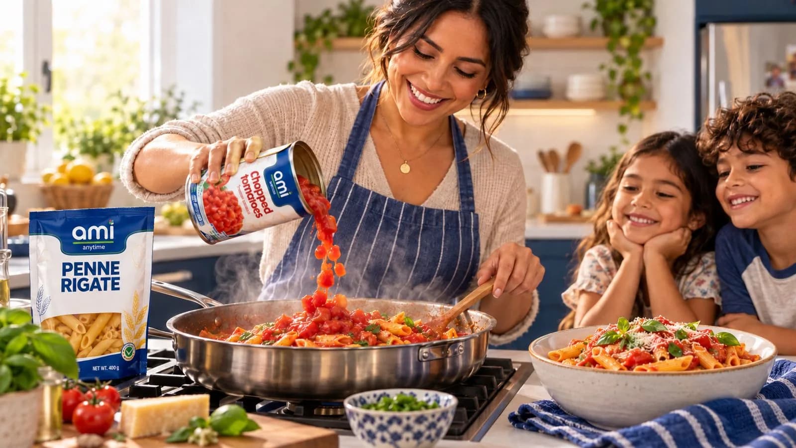 A mother cooking penne with ami chopped tomatoes while her two children watch, with a pack of ami penne rigate on the counter