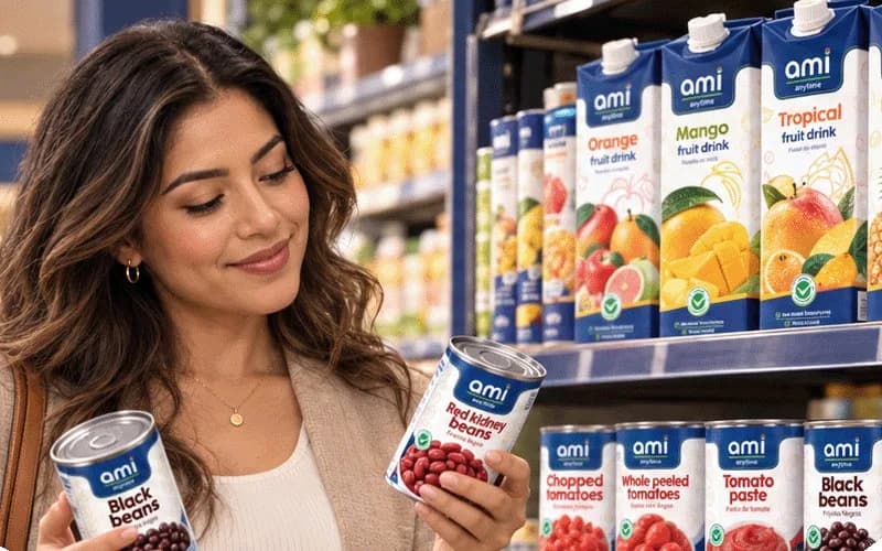 Shopper choosing ami canned and boxed products on a supermarket shelf