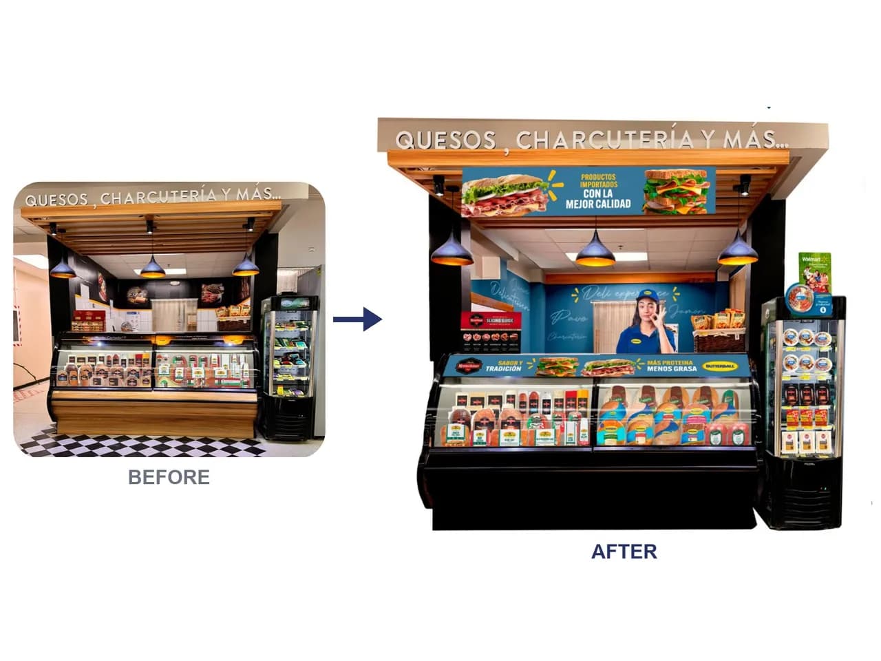 A supermarket deli before and after our space branding: "Quesos, charcutería y más"