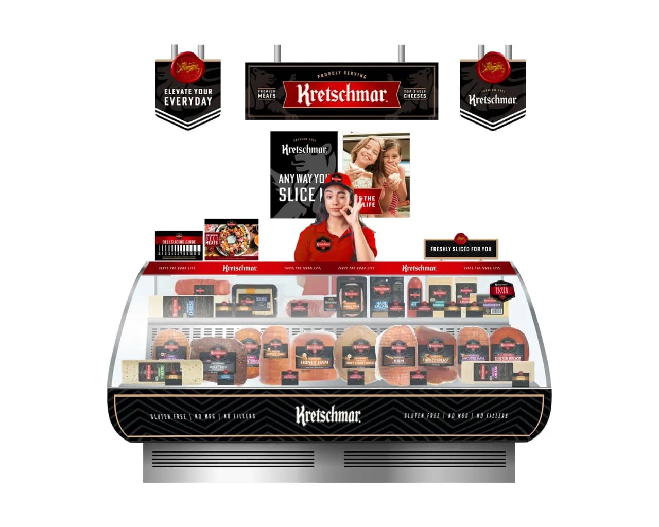 Kretschmar-branded deli counter with header signs, deli tags and a server in a branded uniform