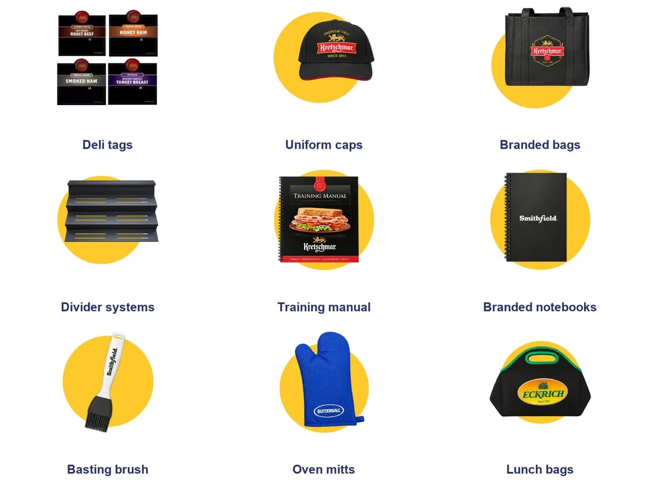 The deli kit: deli tags, uniform caps, branded bags, divider systems, training manual, notebooks, basting brush, oven mitts and lunch bags
