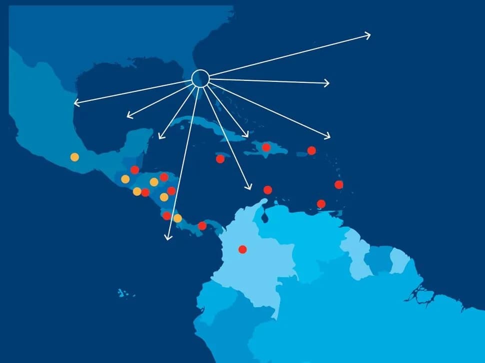 Map of our routes from Miami to Mexico, Central America, the Caribbean and northern South America, with dots on the markets we serve