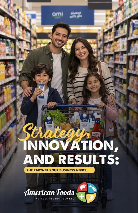 American Foods catalog cover: a family with a shopping cart of ami products, "Strategy, innovation, and results: the partner your business needs"