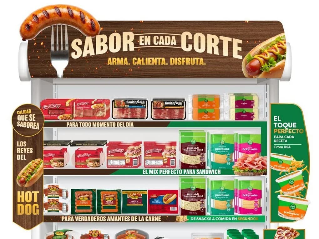 "Sabor en cada corte" deli end cap with Gwaltney, Smithfield, Eckrich, Margherita and Food Club products and shelf signage