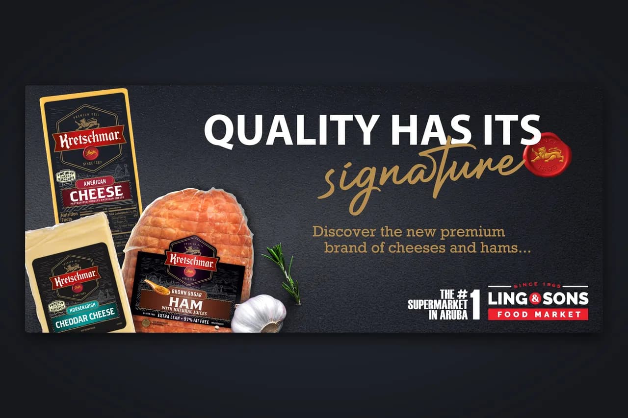 Valla publicitaria de Kretschmar para Ling & Sons Food Market en Aruba: "Quality has its signature"