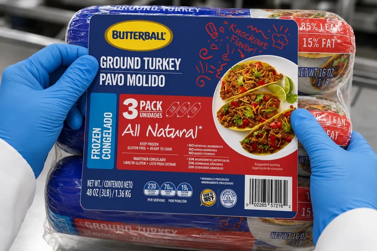 Manos con guantes sosteniendo un paquete de pavo molido Butterball con etiqueta bilingüe en inglés y español
