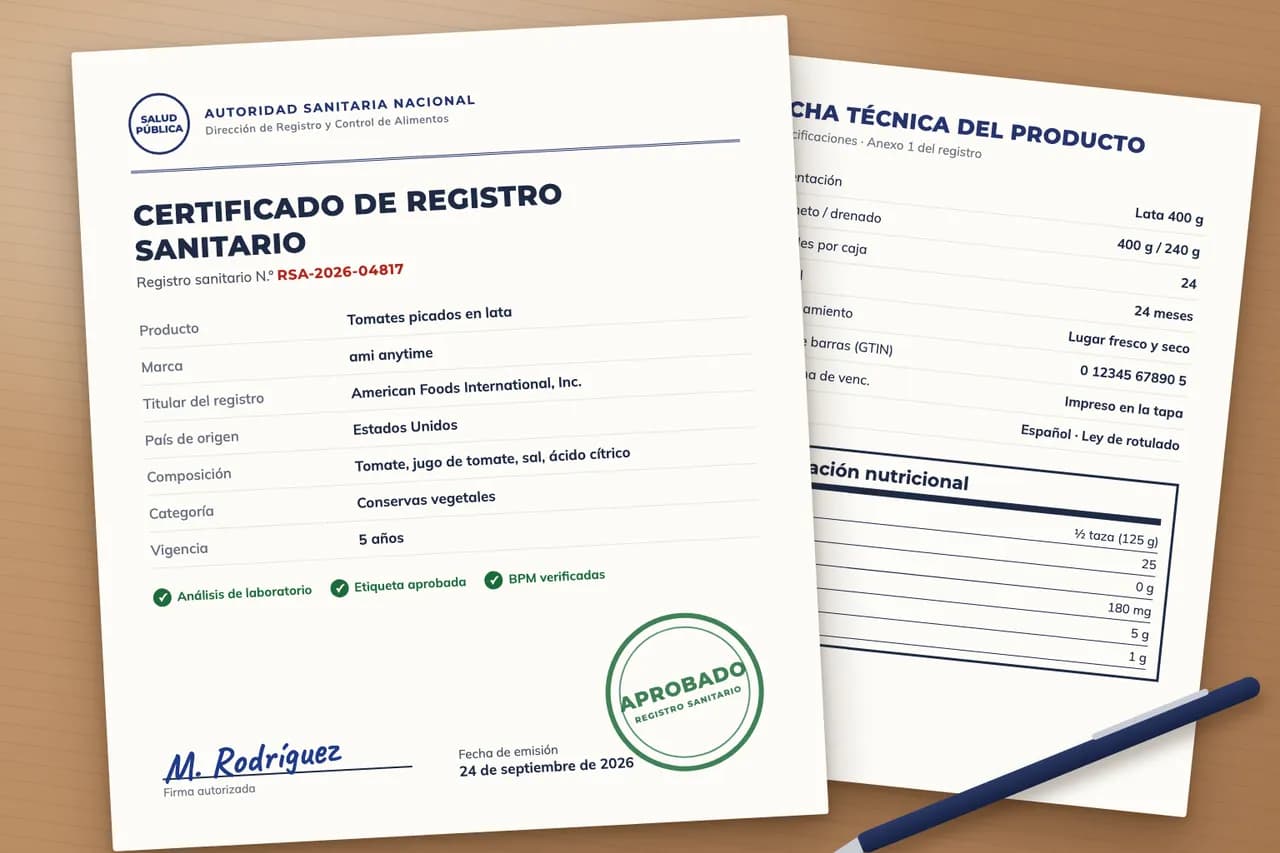 Un certificado de registro sanitario aprobado junto a la ficha técnica del producto
